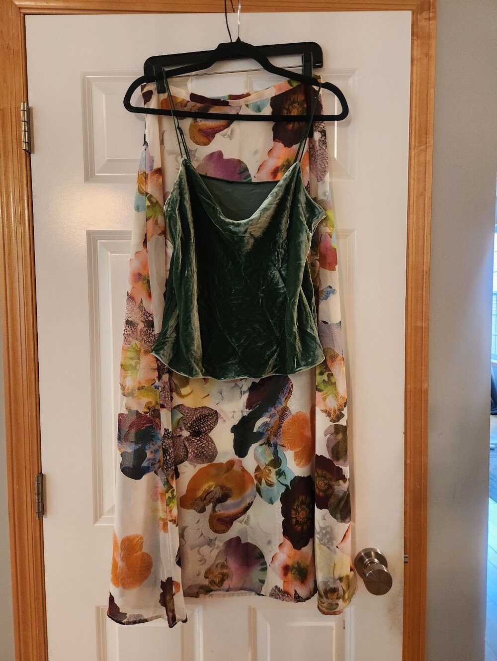 Green Velvet Cami with Floral Maxi Skirt, Size Small